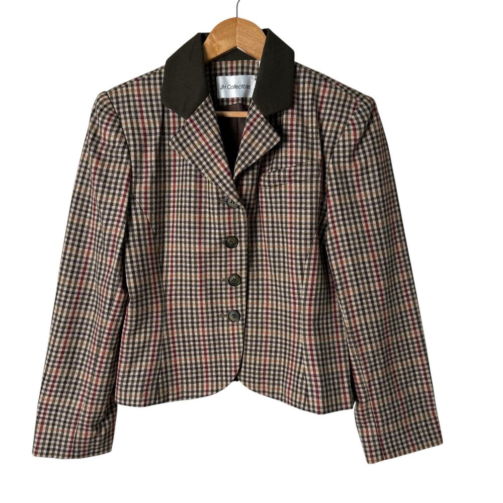 Vintage 100% Wool Tweed Fitted Blazer Jacket in Brown Tan Houndstooth‎ Plaid, 8